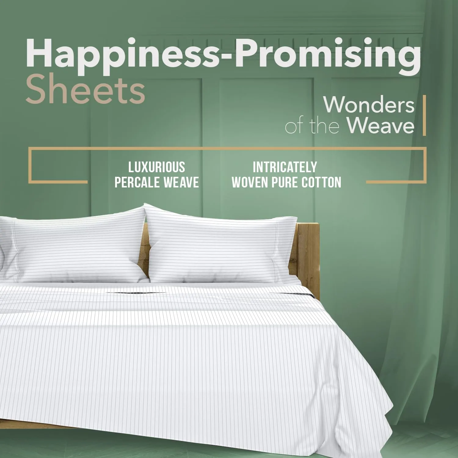 TEXAS LINEN CO. 100% Organic Cotton Percale Sheets King Size - 4 PC Organic Cotton King Size Percale Printed Sheet Sets, Soft, Crisp, Cooling Sheets, 16" Deep Pocket Hotel Set - Light Grey Pinstripe