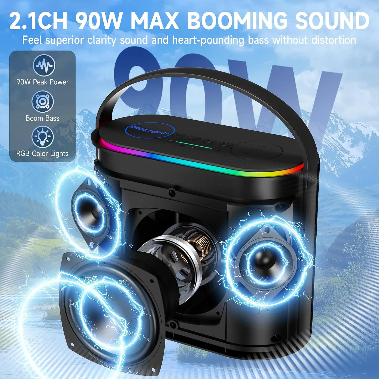 BESTISAN Bluetooth Speaker, 2.1CH 90W Stereo Sound, Built-in 50W Subwoofer, Upgraded 7 RGB Lights, TWS, 15H Play Portable Speaker, Deep Bass, Hands-Free Calling for Party, Camping, Travel, Garage