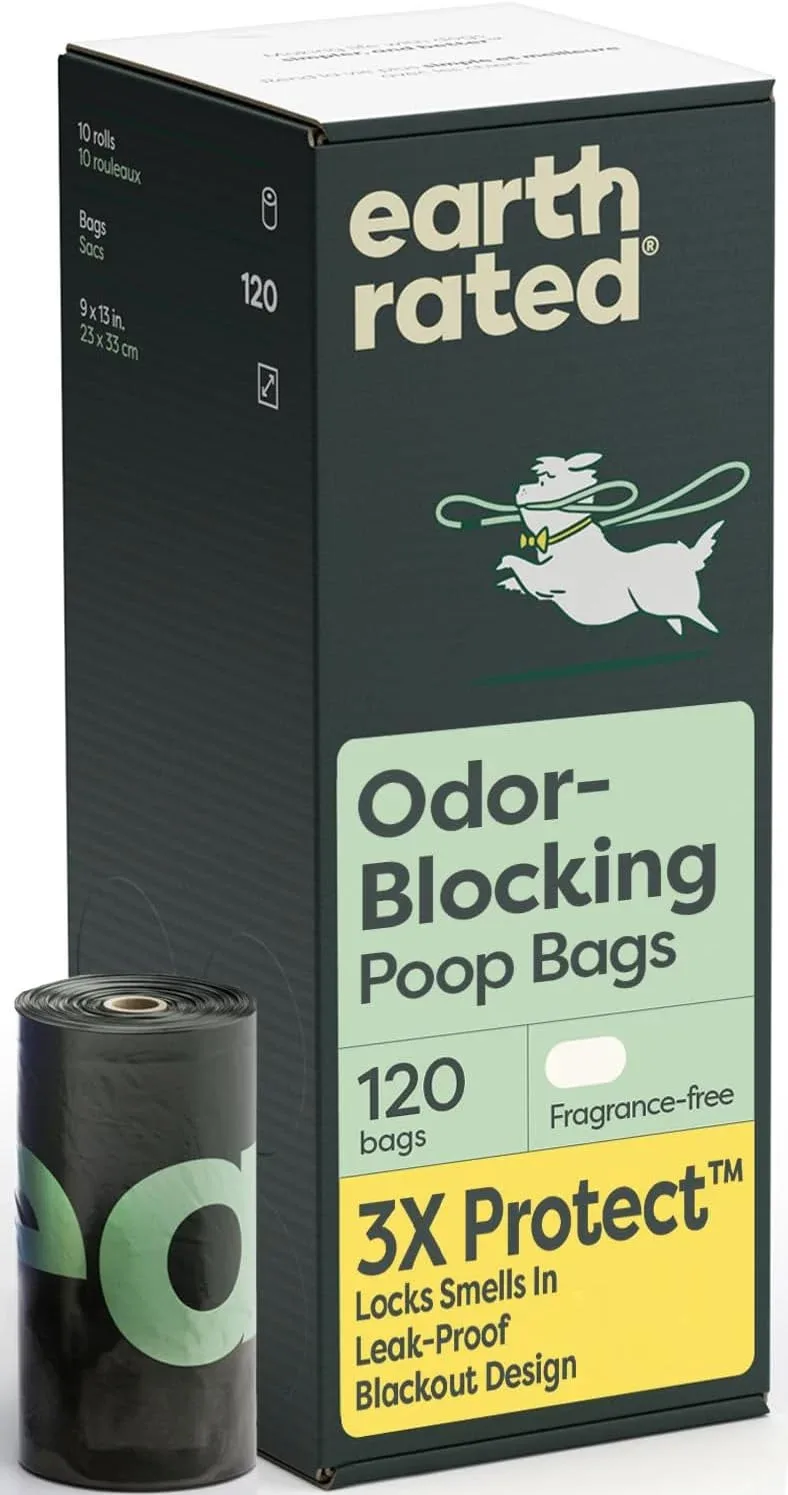 Earth Rated 3X Protect Dog Poop Bag Rolls, Odor Blocking Leak Proof Extra Thick, Unscented, 120 Count