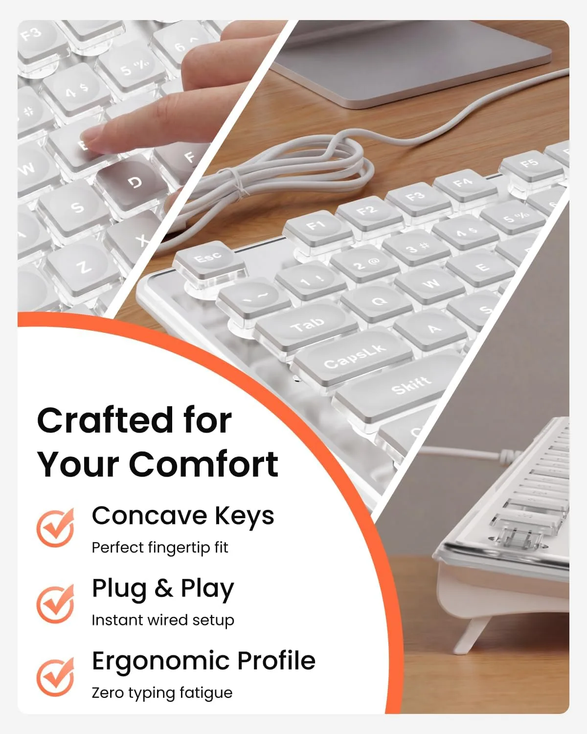 Wired Keyboard with White Backlit, Never Fade, Soft Click Typing, White
