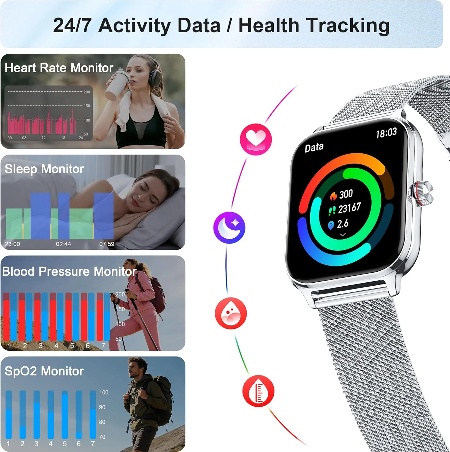 Smart Watch Women Men, Answer/Make Call, 1.96'' Fitness Tracker with Blood Pressure, HR, Sleep Monitor, 110+ Sport Modes Reloj Inteligente para Mujer Smartwatch Compatible with iPhone/Samsung/Android