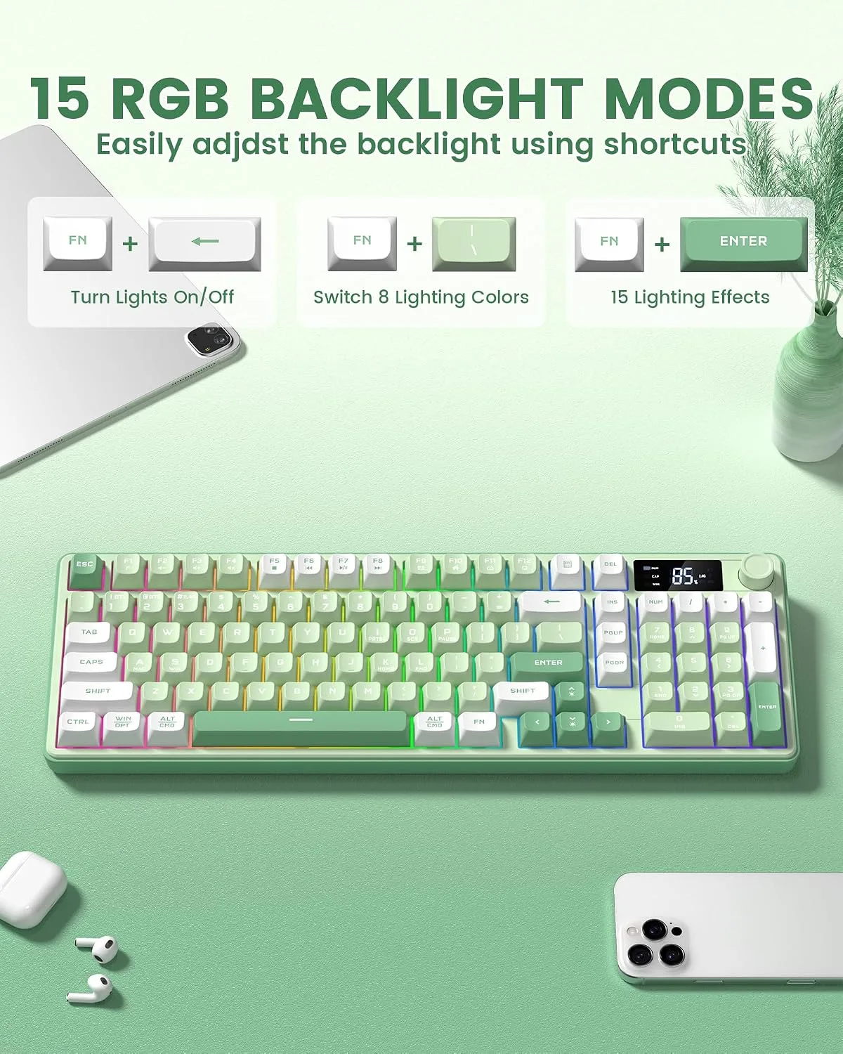 Keymatic Gaming Keyboard Wireless Creamy Keyboard with Media Knob & Screen Cute Keyboard Mechanical Feeling Membrane Keyboard with Number Pad RGB Backlit Tri-Mode BT/2.4GHz/USB-C - Green