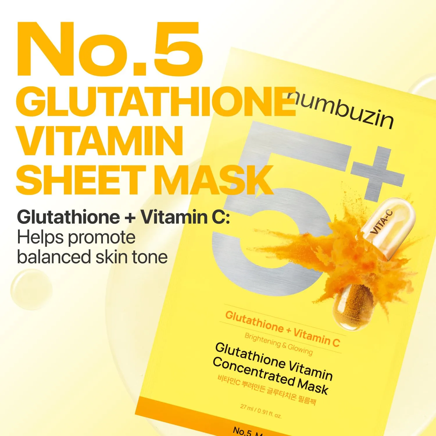 numbuzin No.5 Sheet Mask | Vitamin Spotlight Sheet Mask | Glutathione and Vitamin C | Reduces Hyperpigmentation, Improves Skin Complexion | Gentle and non-irritating | 5 sheet