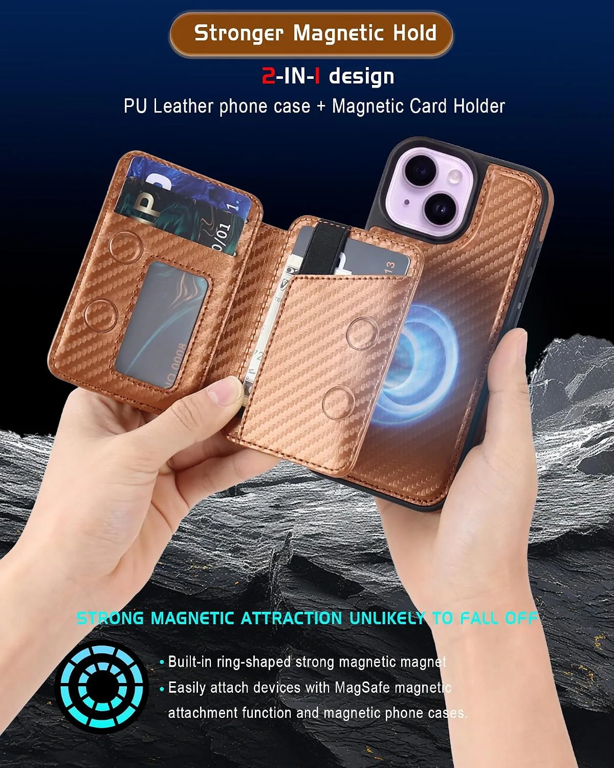 Magnetic Detachable Wallet Case for iPhone 15/14 Plus with Kickstand,2-in-1 MagSafe Compatible RFID Blocking Card Holder,Slim PU Leather Cover Carbon Coffee