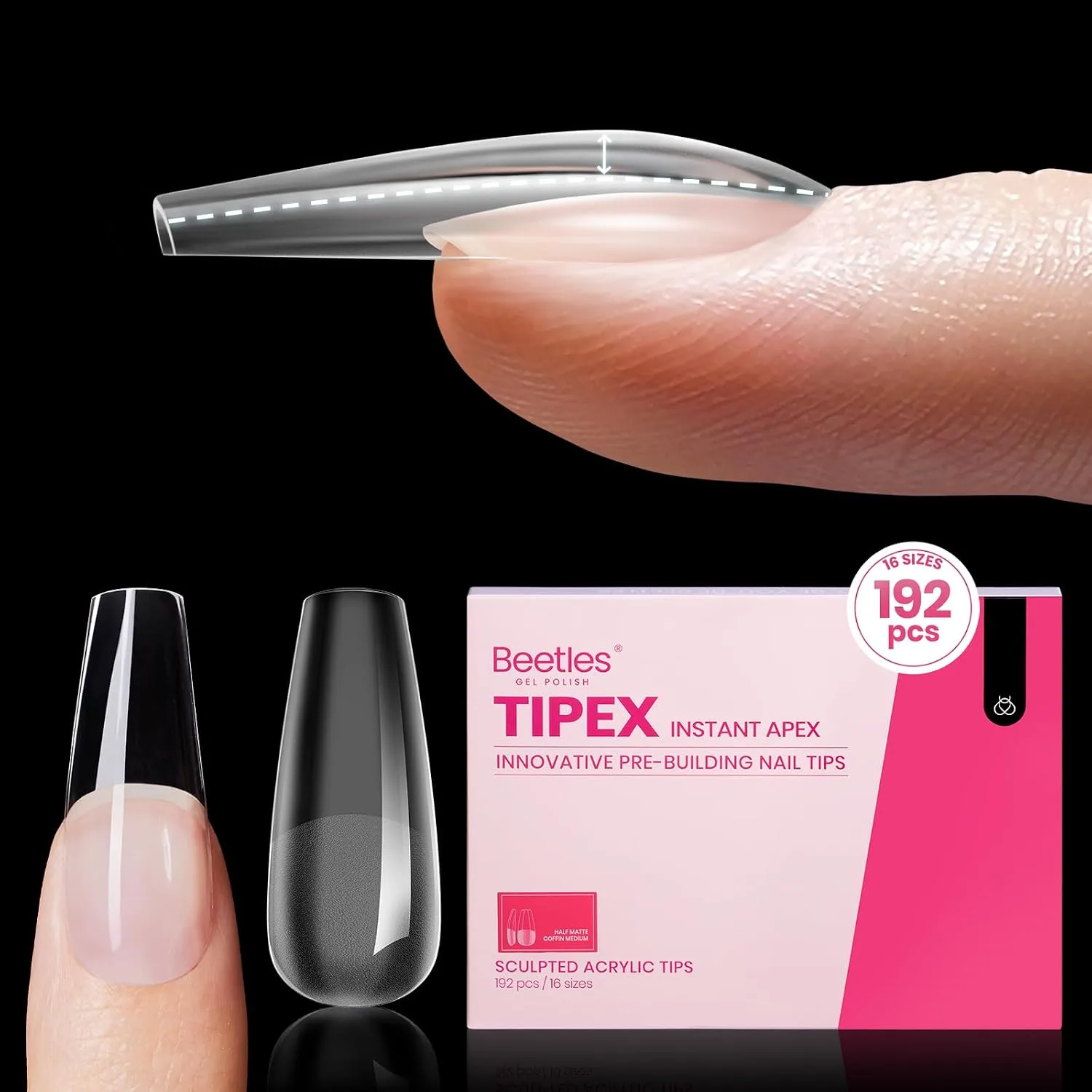 Beetles Tipex Instant Apex Nail Tips, Medium Coffin, 192pcs 16 Sizes(00-14)