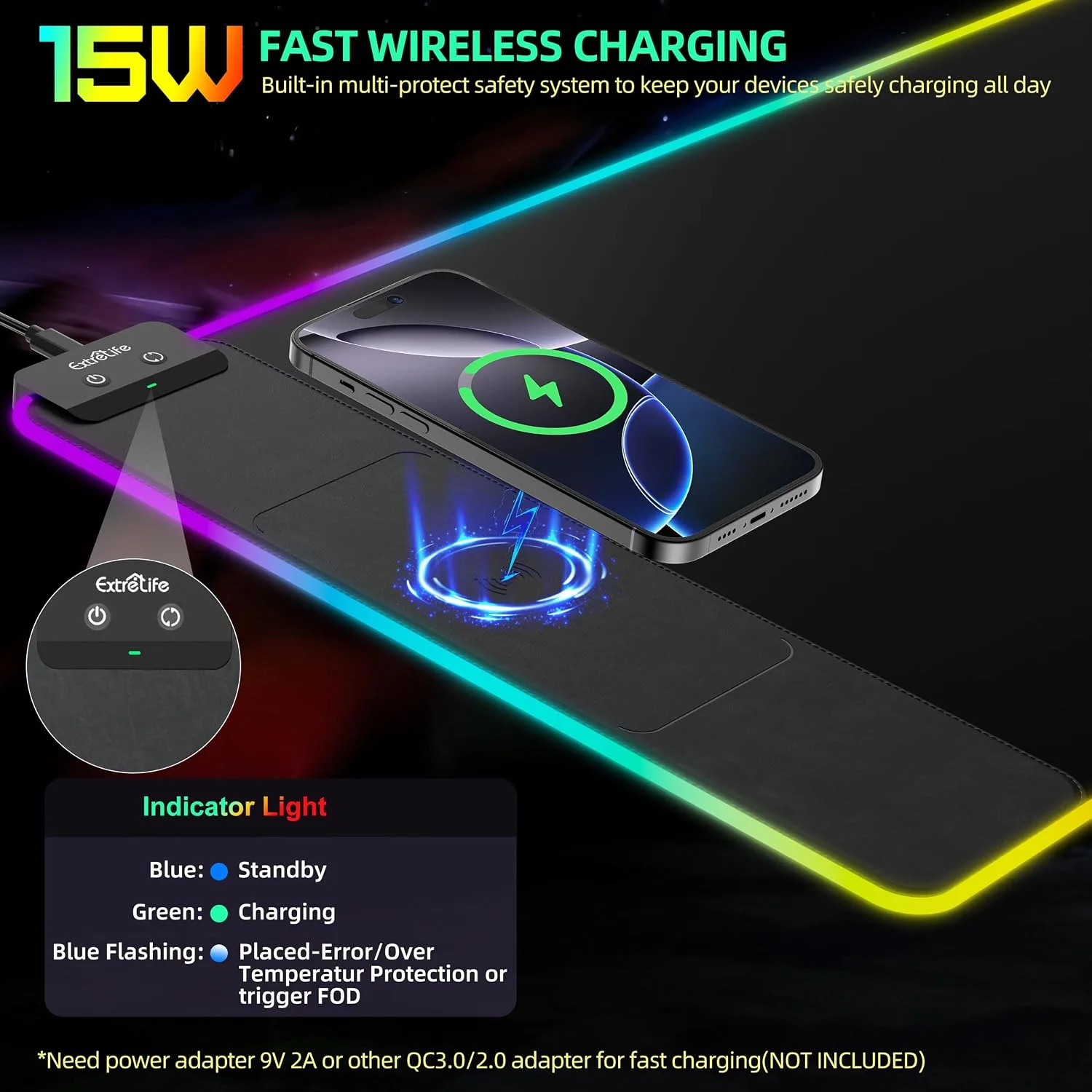 RGB Gaming Mouse Pad with Wireless Charging, Large Desk Mat, 31.5"x11.8"