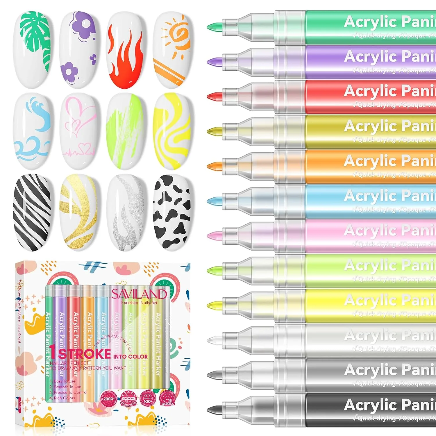 SAVILAND 12 Colors Nail Art Pens Set, 0.7mm Fine Tip Nail Polish Pens