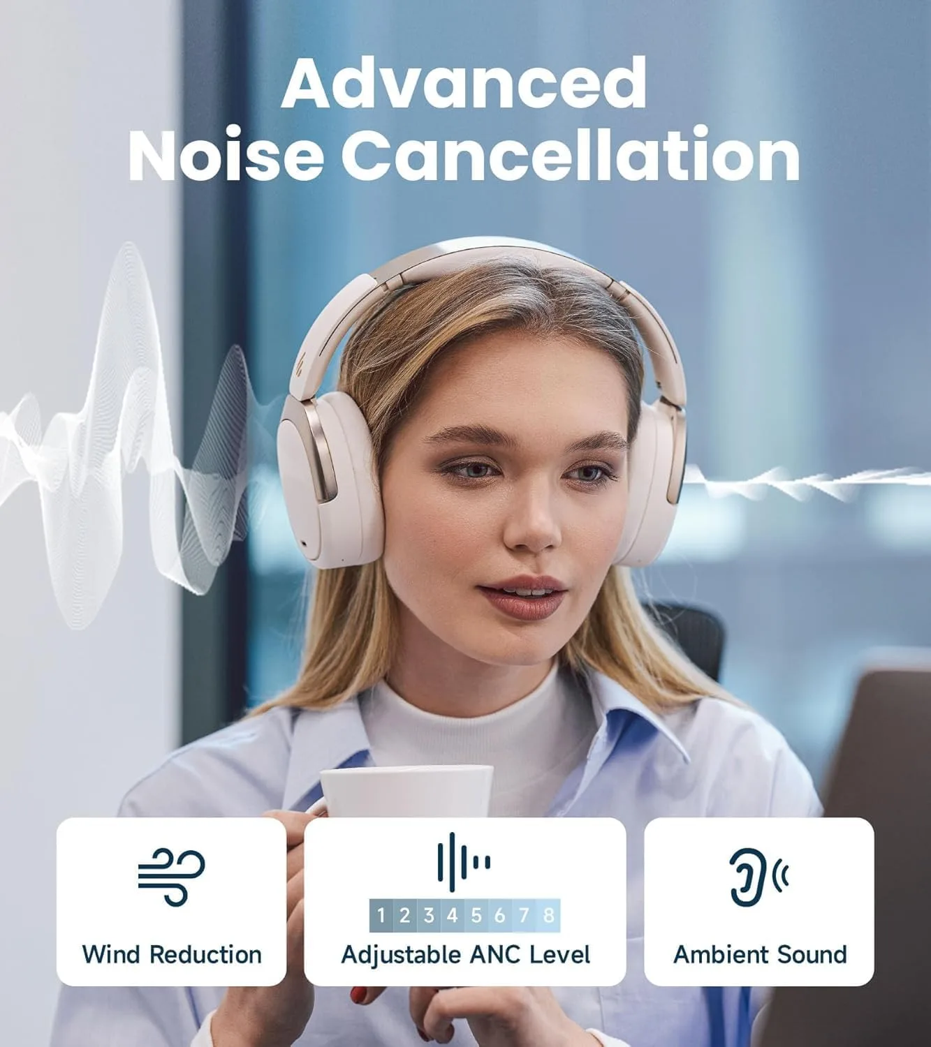 Edifier WH950NB Gen 2 8-Level Active Noise Cancelling Headphones, Ivory