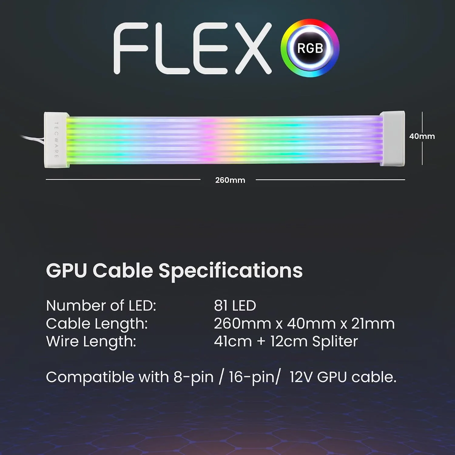 TECWARE Flex RGB Cable Cover Kit | Compatible with 2x8-Pin Motherboard with SATA Dongle | ARGB PSU Cable Extension with 5V 3-Pin Sync | RGB Lighting Kit for PC Cables | White