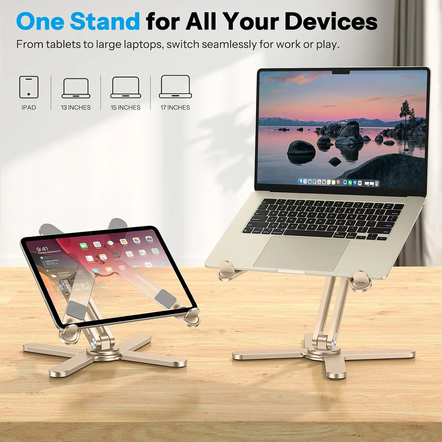 OMOTON LA10 360° Rotating Laptop Stand Riser Foldable for Desk, Gold