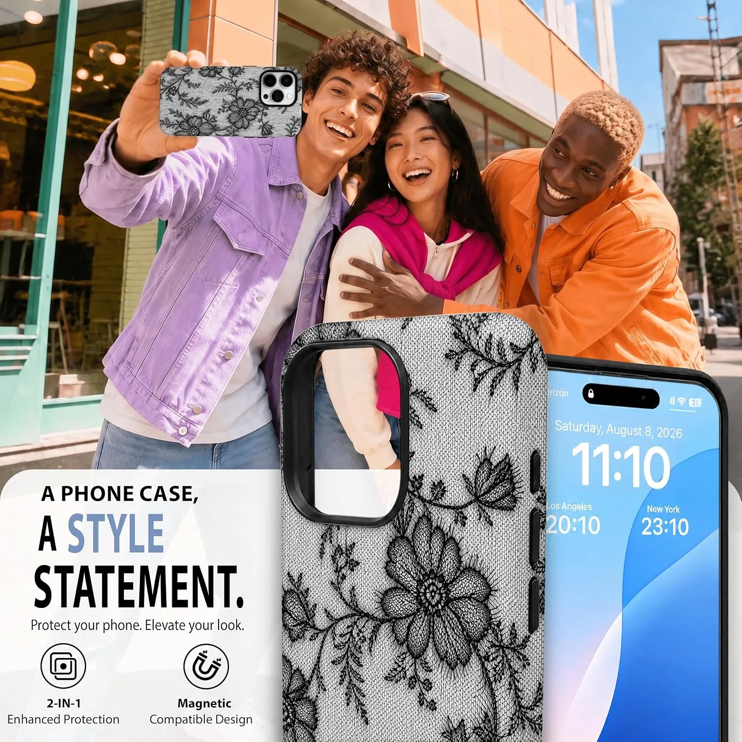 Magnetic for iPhone 15 Pro Black Lace Phone Case, Floral Flower