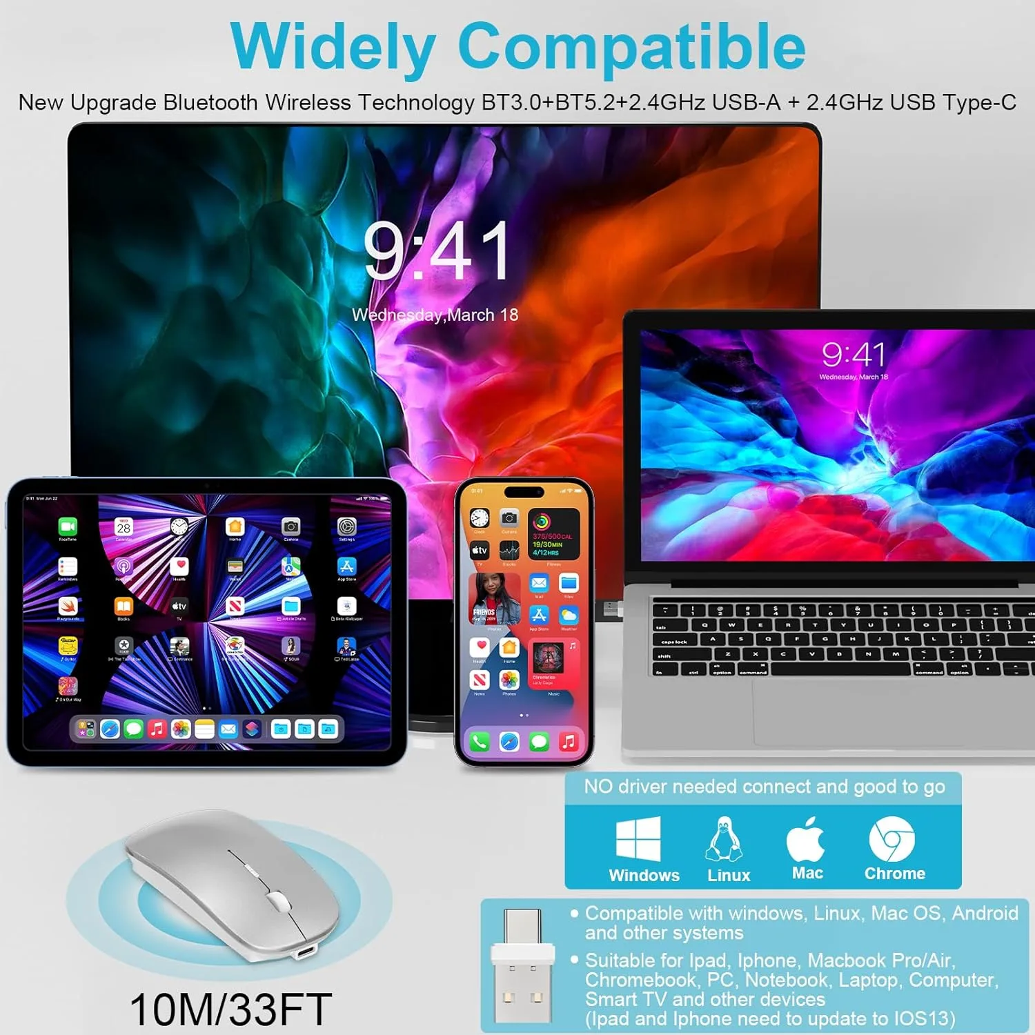 Mouse for MacBook Wireless Bluetooth Mice Laptop Mac Pro PC iPad Dual Mode