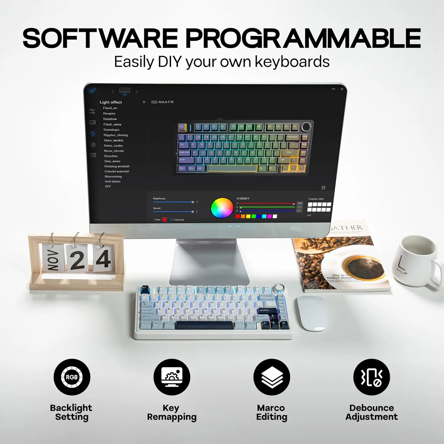 MechLands Aula F75 PRO 75% Wireless Gaming Keyboard, Gasket Mechanical Custom Keyboard with Five-Layer Padding, BT/2.4GHz/USB-C, Hot Swappable, Knob, RGB, Reaper Switches (White Blue)