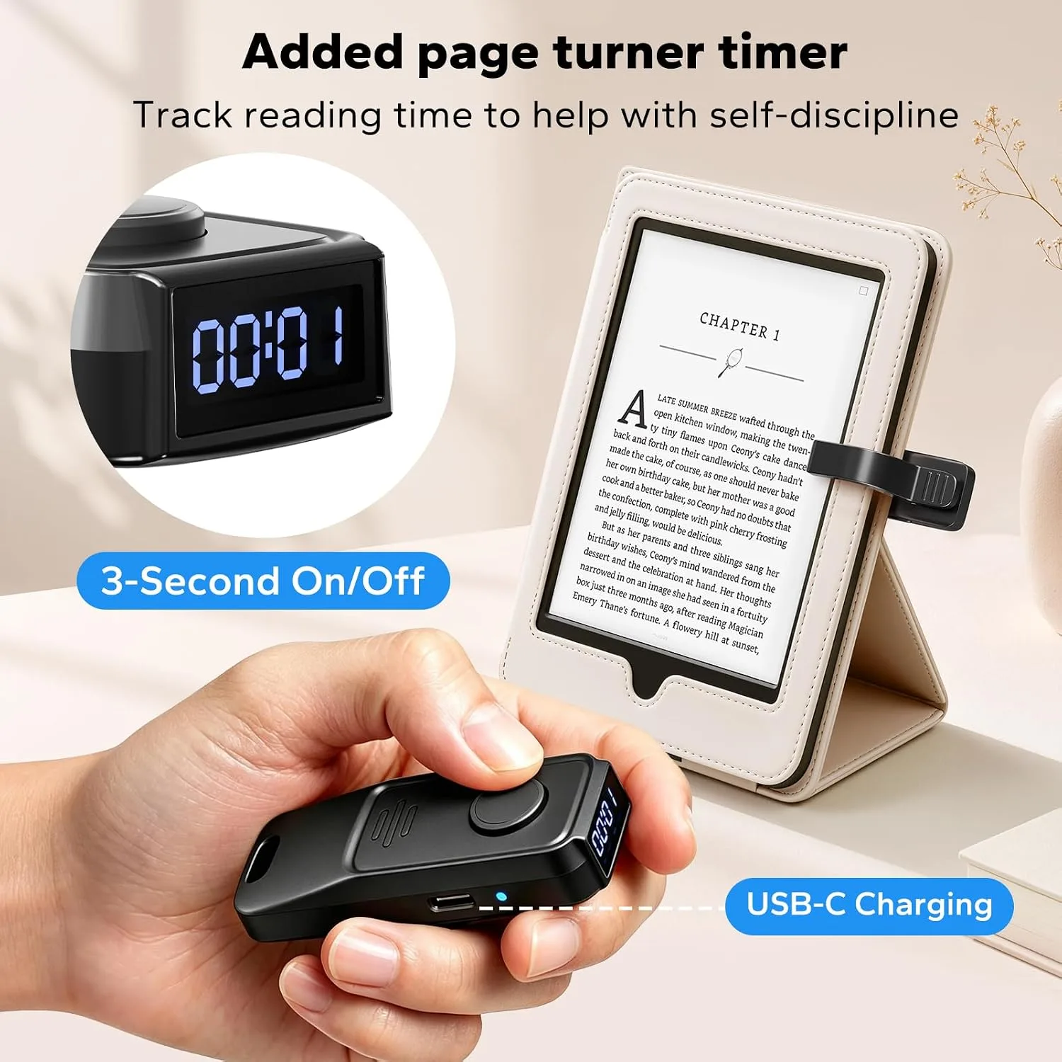 (Fit All Cases) Page Turner for Kindle,Portable Selfie Light,Reading Timer Tracker,Book Light for Kindle,iPad,iOS Android. Clicker for Kindle for Camera Video Recording and Selfie Shutter(K3-Black)