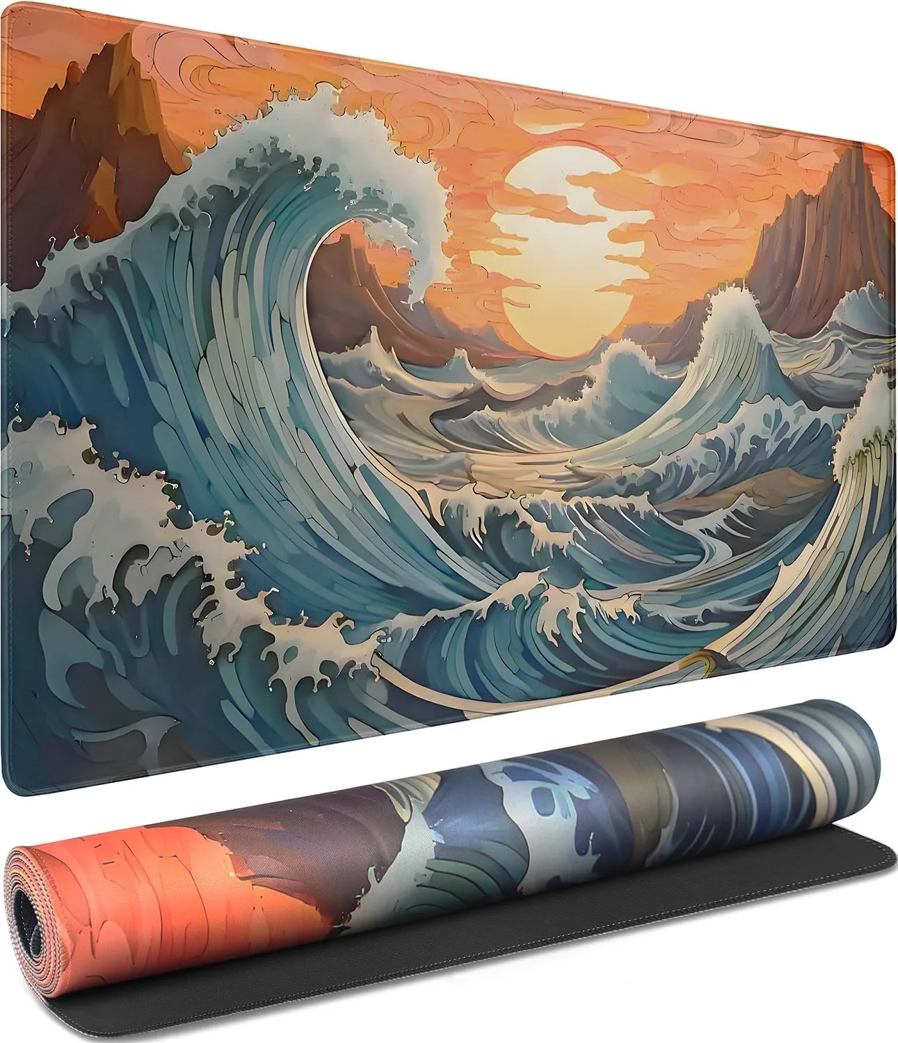 Gaming Mouse Pad, Waterproof Extra Large Mousepad with Stitched Edges, 31.5" x 15.7" Non-Slip Rubber Base Office Big Long Keyboard Pad for Office Gamer Home XXL, (Waves Sunset)