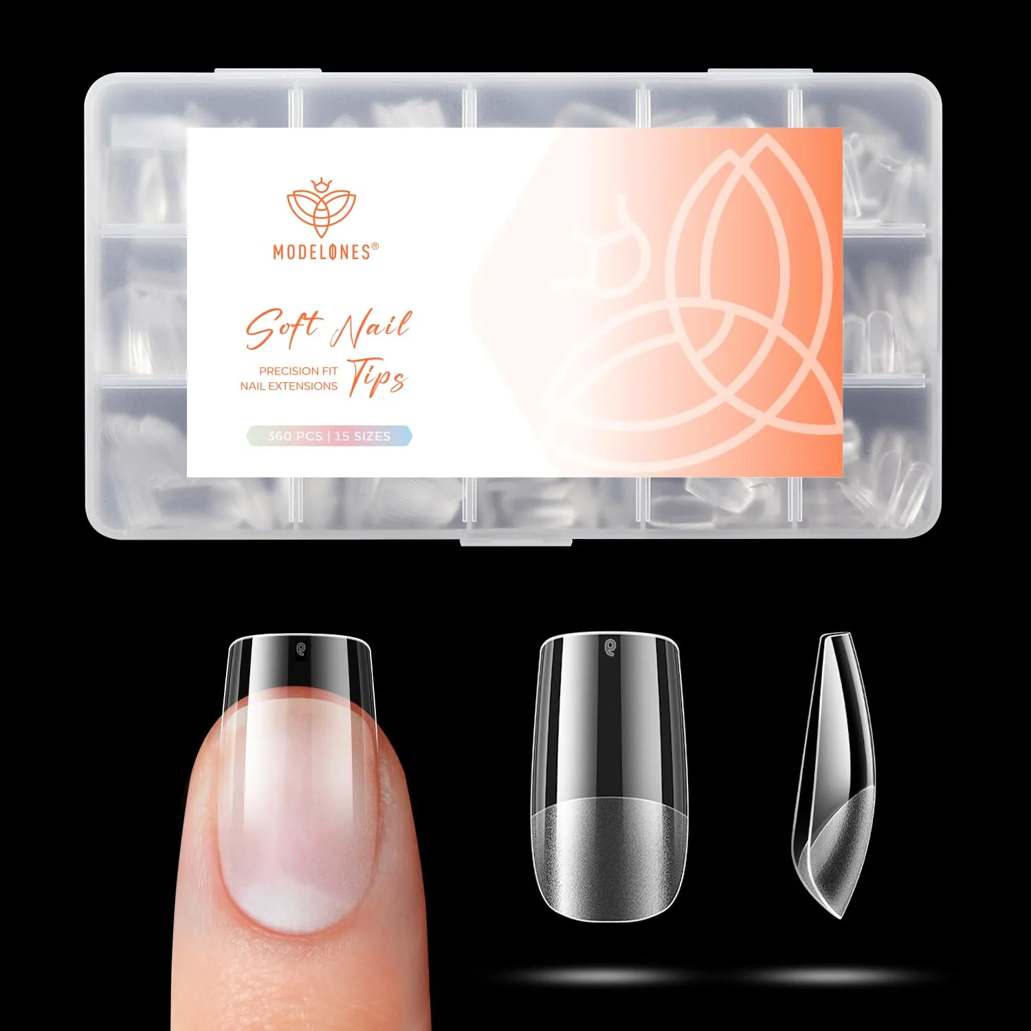Tips para uñas Modelones Short Square 360 unidades transparentes pre-marcadas