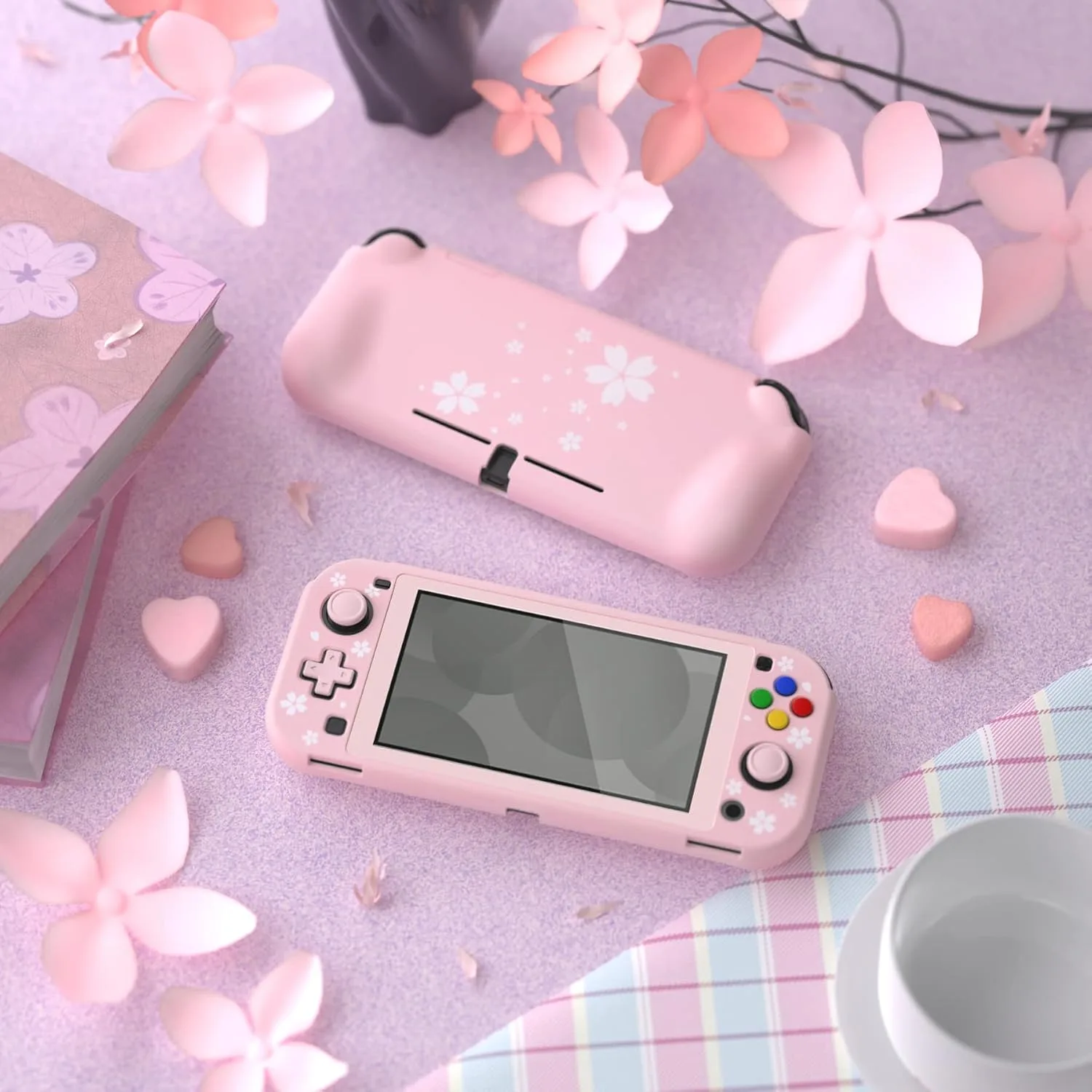 PlayVital ZealProtect Protective Case for Nintendo Switch Lite, Hard Shell Ergonomic Grip Cover for Nintendo Switch Lite w/Screen Protector & Thumb Grip Caps & Button Caps - Cherry Blossoms Petals