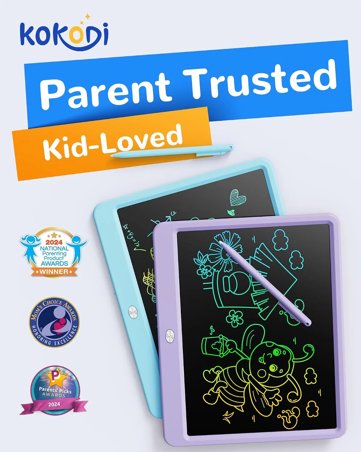 KOKODI LCD Writing Tablet, 12 Inch Colorful Toddler Doodle Board Drawing Tablet, Erasable Reusable Electronic Drawing Pads, Educational and Learning Toy for 3-6 Years Old Boy and Girls(Purple)