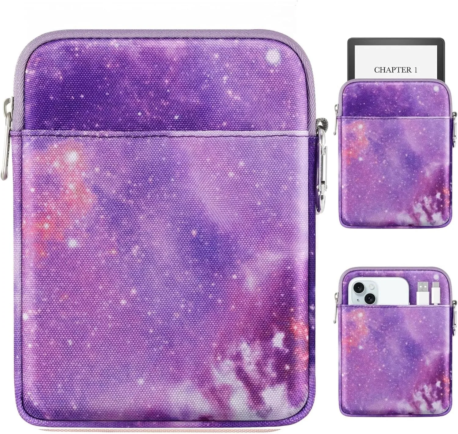 MoKo Padded Ereader Sleeve Case for 6-7 inch Ereader Tablet Bag Protective Cover Pouch with a Carabiner, Compatible with 7" Colorsoft Signature Edition 2024, Purple Starry Sky