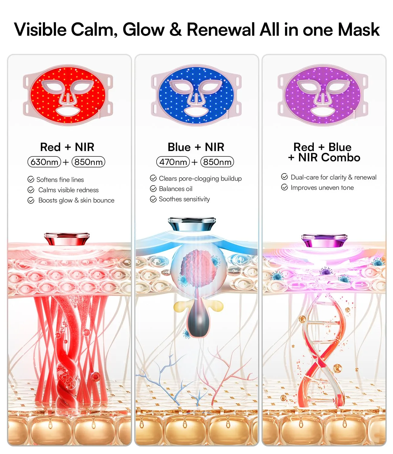 INIA Red Light Therapy Mask for Face, 850nm NIR, Red/Blue LED Light 4 Modes