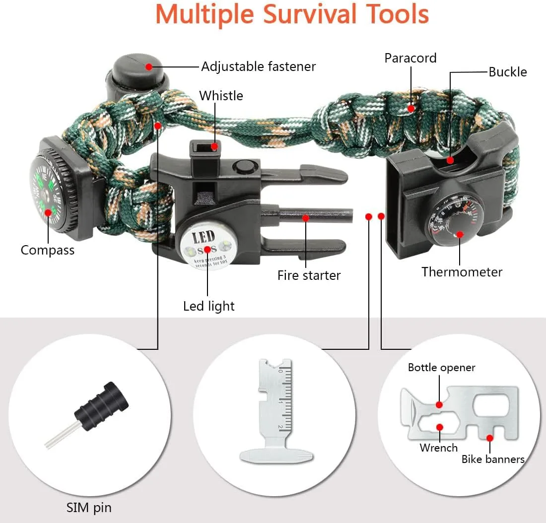 20 in 1 Survival Paracord Bracelet Adjustable Gear Kit with SOS LED Light, Fire Starter, Bigger Compass, Survival Whistle, Perfect for Camping, Hiking, Fishing