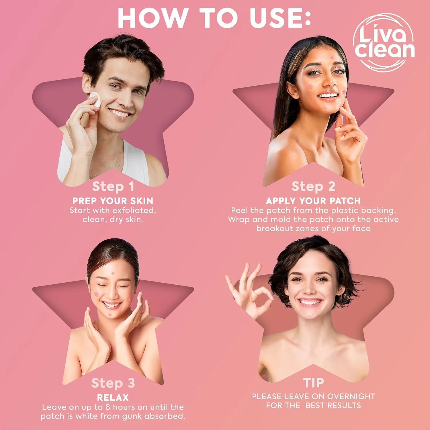 Livaclean 240 Star Pimple Patches for Face - Clear & Pink Pimple Patches Cute - Salicylic Acid Tea Tree Oil & Hydrocolloid Acne Patch - Zit Stickers, Star Patch