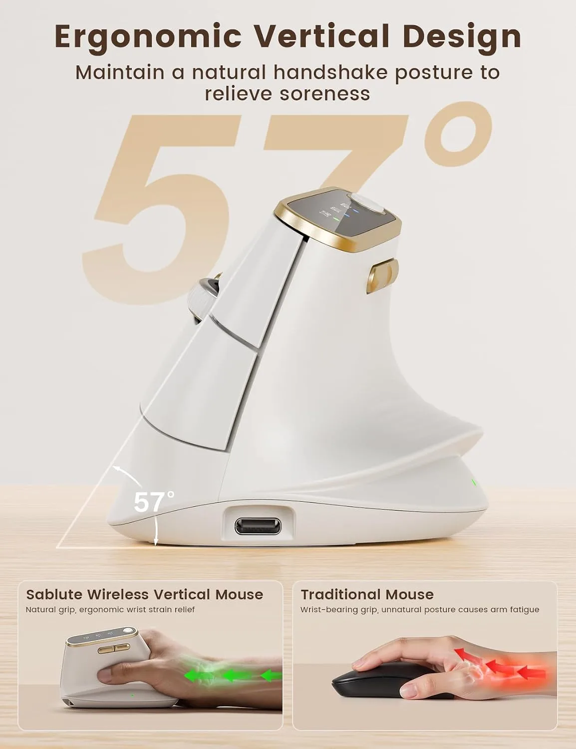 SABLUTE Ergonomic Vertical Wireless Mouse with 3-Device Switching MAM4