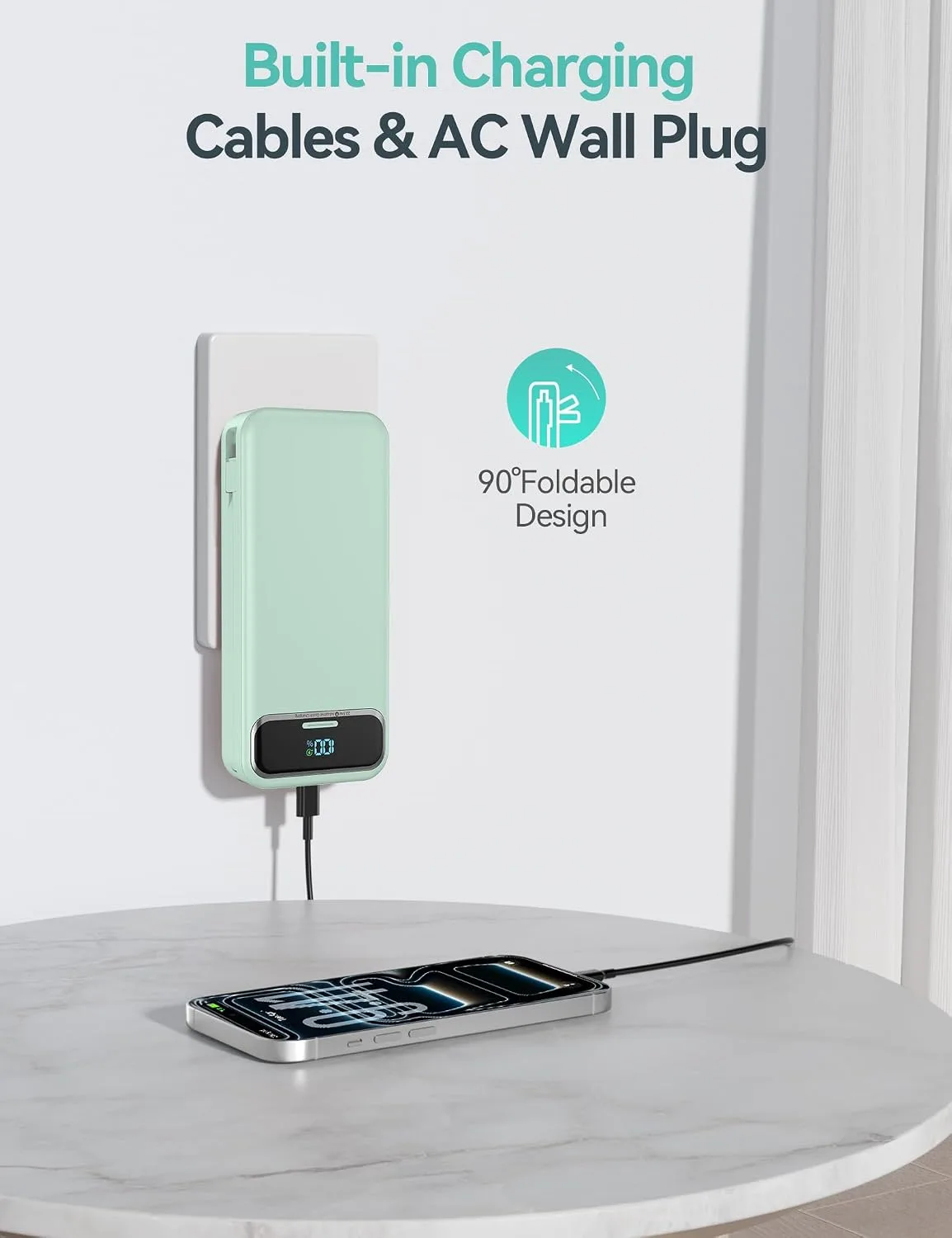 aonidi Portable Charger 20000mAh with Built-in Cables&AC Wall Plug, Green
