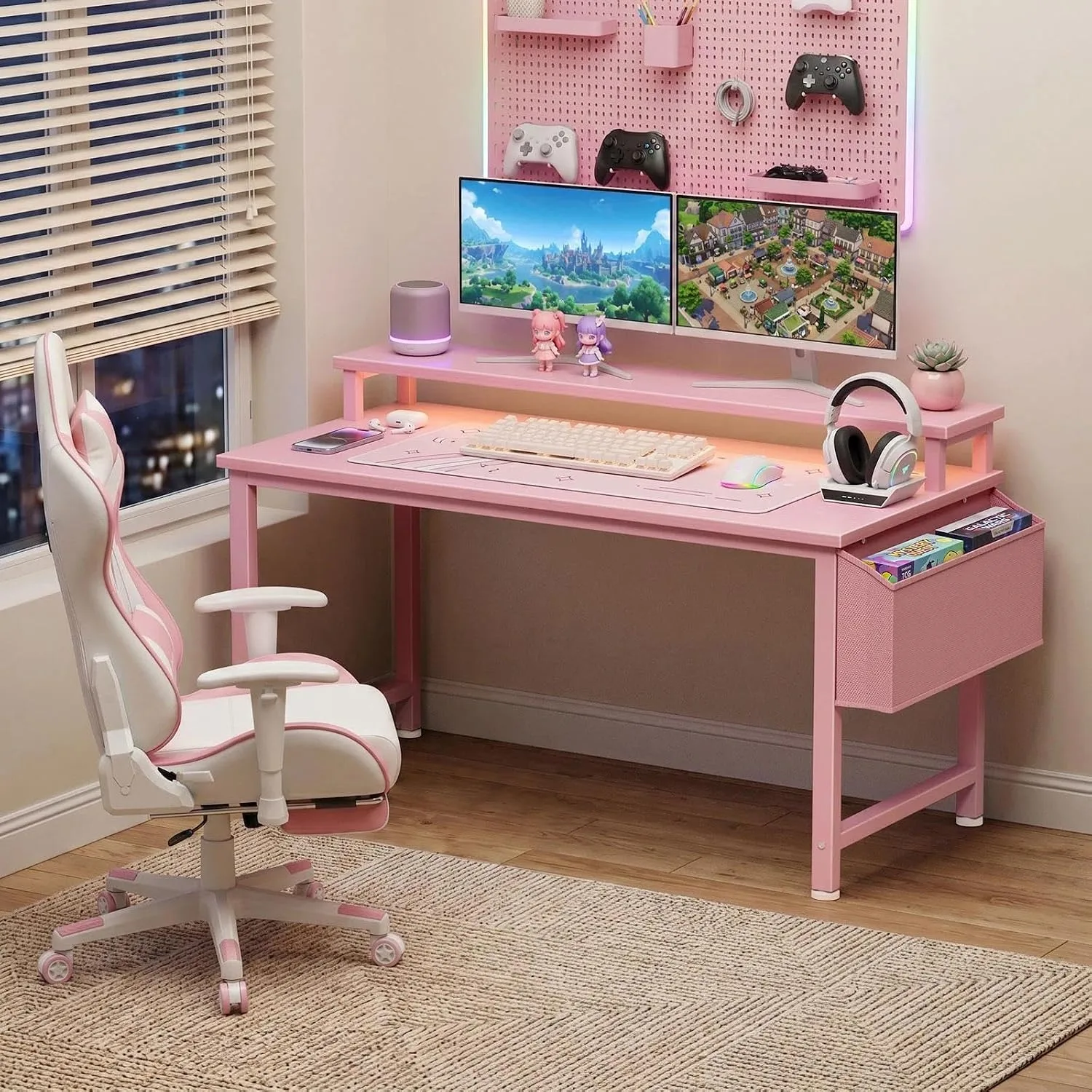 Lufeiya Girls Desk with Power Outlets and LED Lights, 40 Inch Gaming Desk Table with Charging Station, Home Office Computer Desks with Monitor, Pink