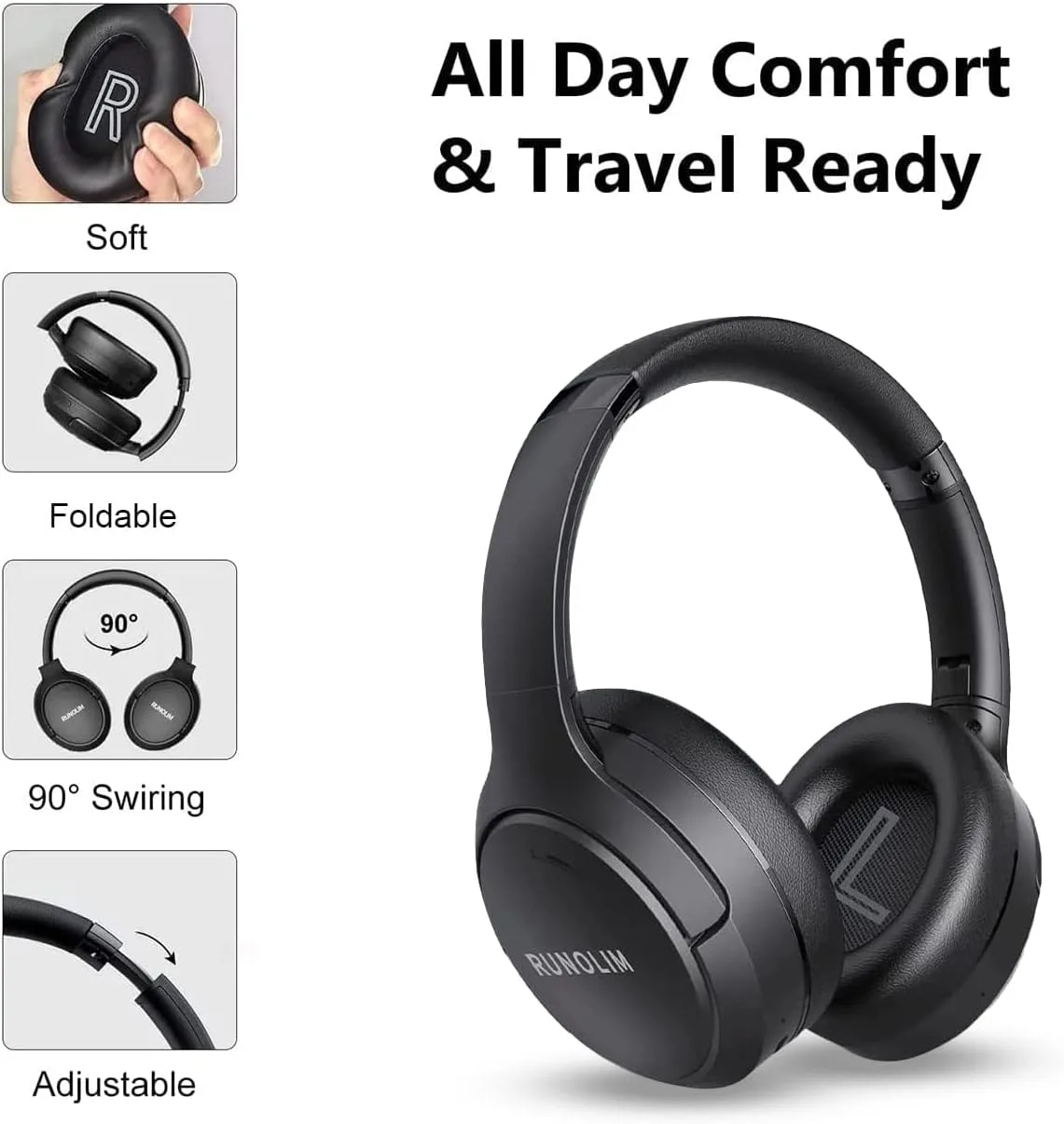 RUNOLIM Active Noise Cancelling Headphones, Wireless Bluetooth Over Ear