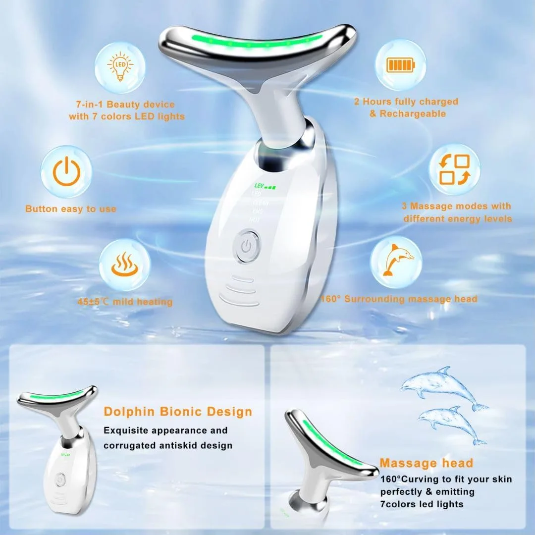 Facial Beauty Device, Face Massager Tool for Skin Care, Based on Triple Action LED, Thermal, and Vibration Technologies, Red and Blue LED Light, 7 Color Led Face and Neck Massager for Home Use