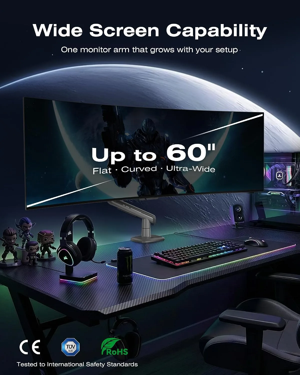 NB Gaming Monitor Arm for Screen up to 60 inches, Holds 44 lbs(20 kg), VESA 75/100, RGB Light, Heavy Duty Monitor Stand, Aluminum Ultrawide Screen Mount Height Angle Adjustable Grey Black