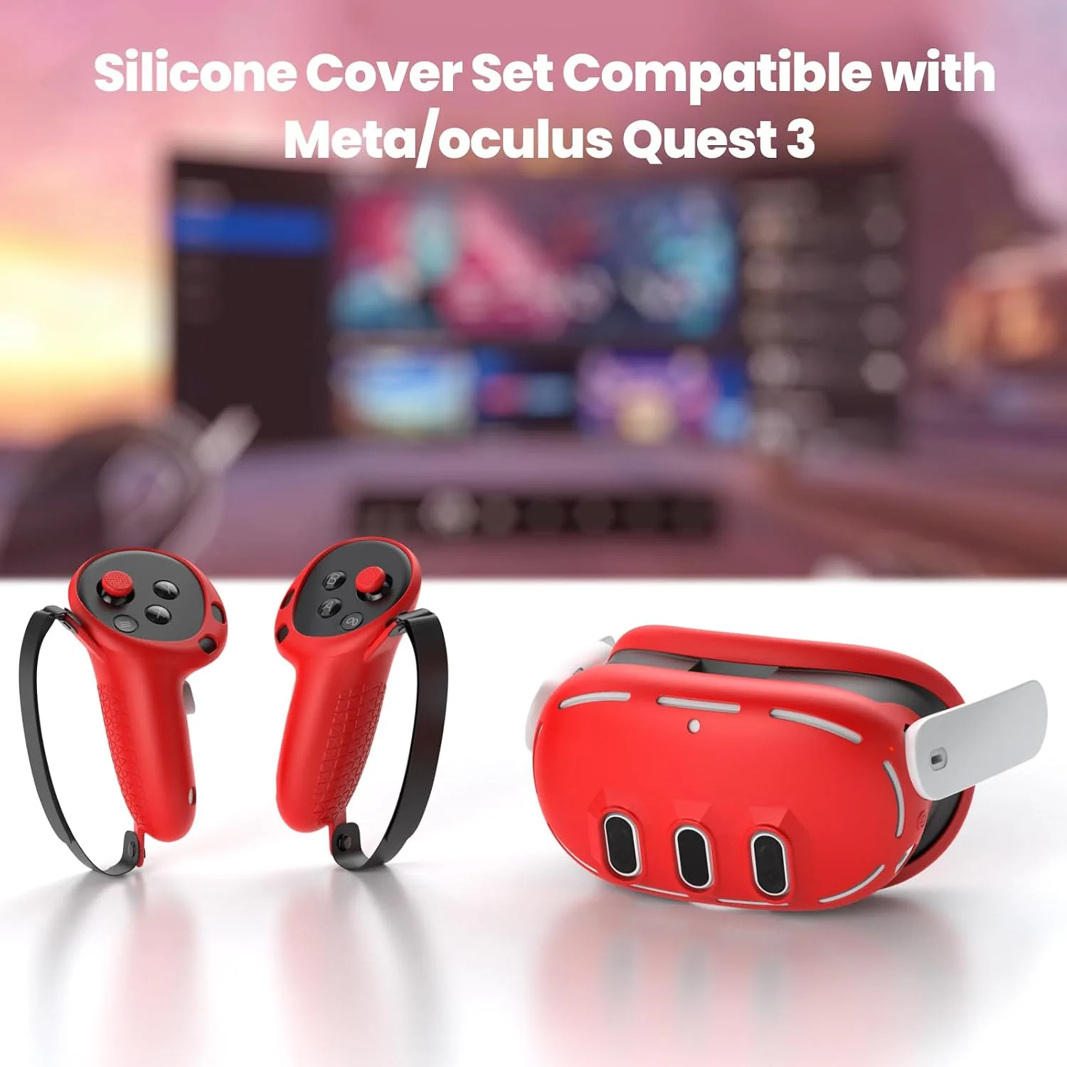 Silicone Cover Compatible with Meta/Oculus Quest 3 Accessories, VR Silicone Face Cover, VR Shell Cover,Touch Controller Grip Case,Camera Lens Protector Set (Red)