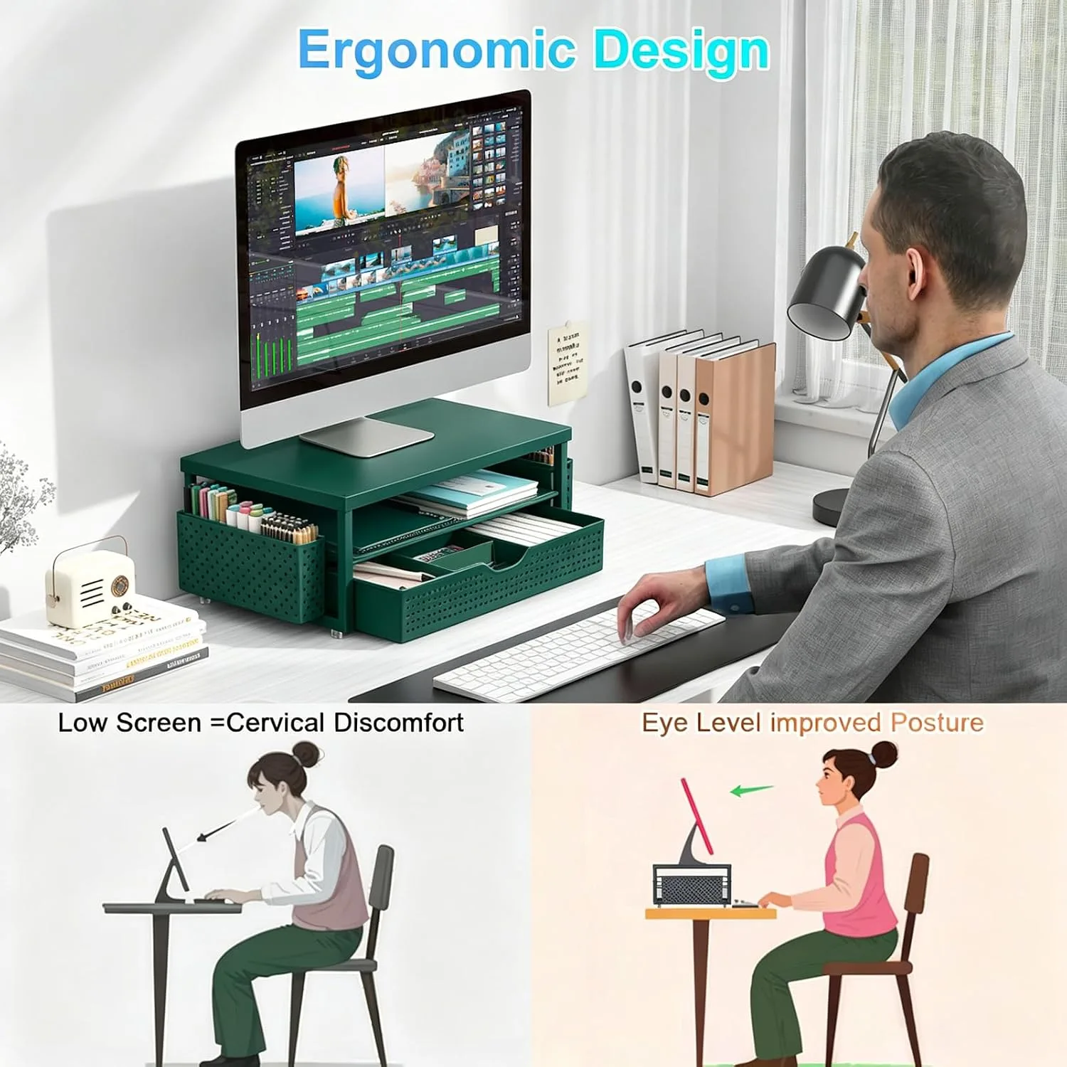 gianotter Monitor Stand with Drawer and 2 Pen Holders (Green)
