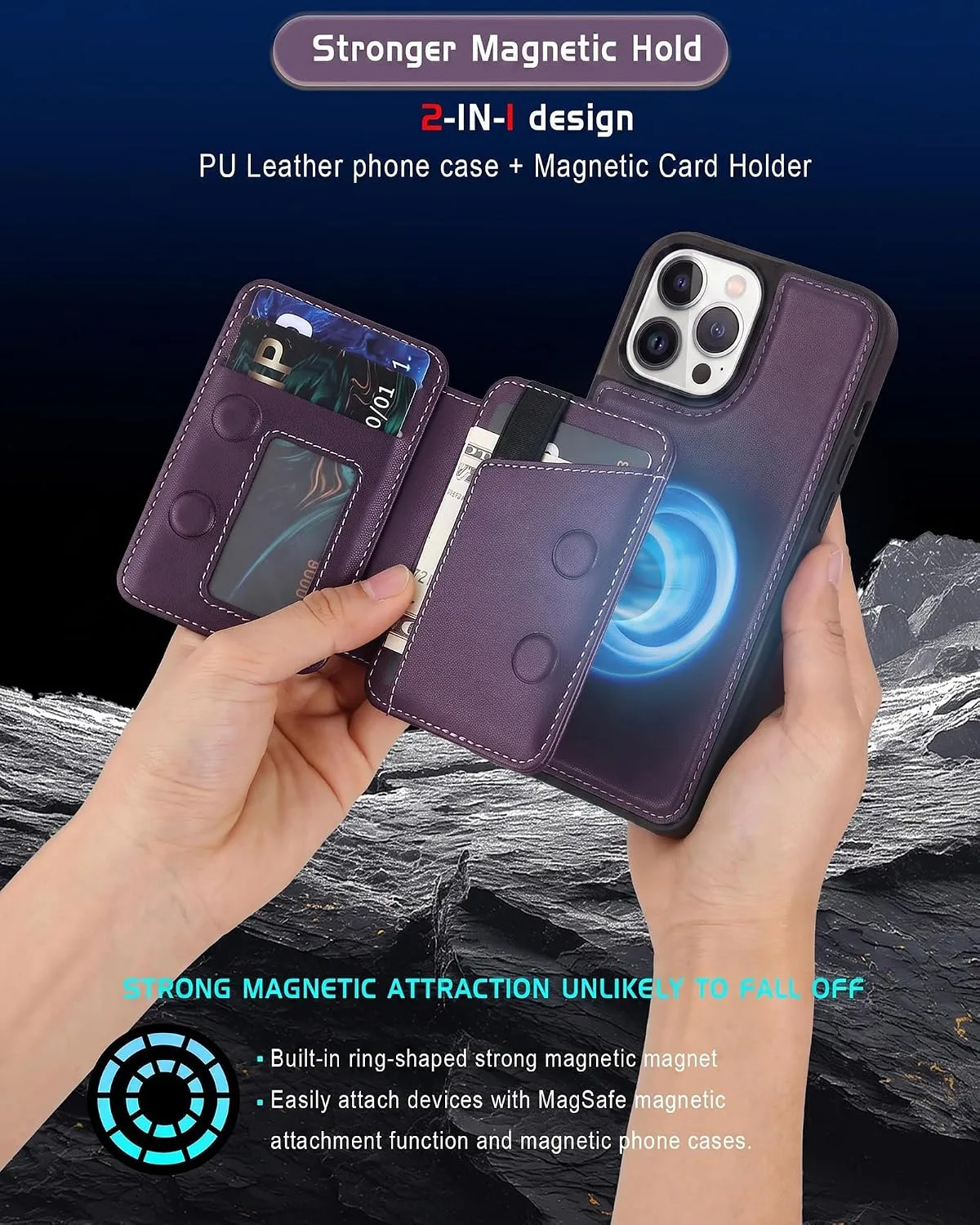 Magnetic Detachable Wallet Case for iPhone 12 Pro Max with Kickstand,2-in-1 MagSafe Compatible RFID Blocking Card Holder,Slim PU Leather Cover Purple