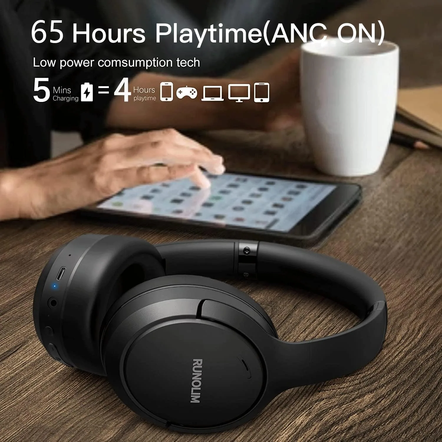 RUNOLIM Active Noise Cancelling Headphones, Wireless Bluetooth Over Ear