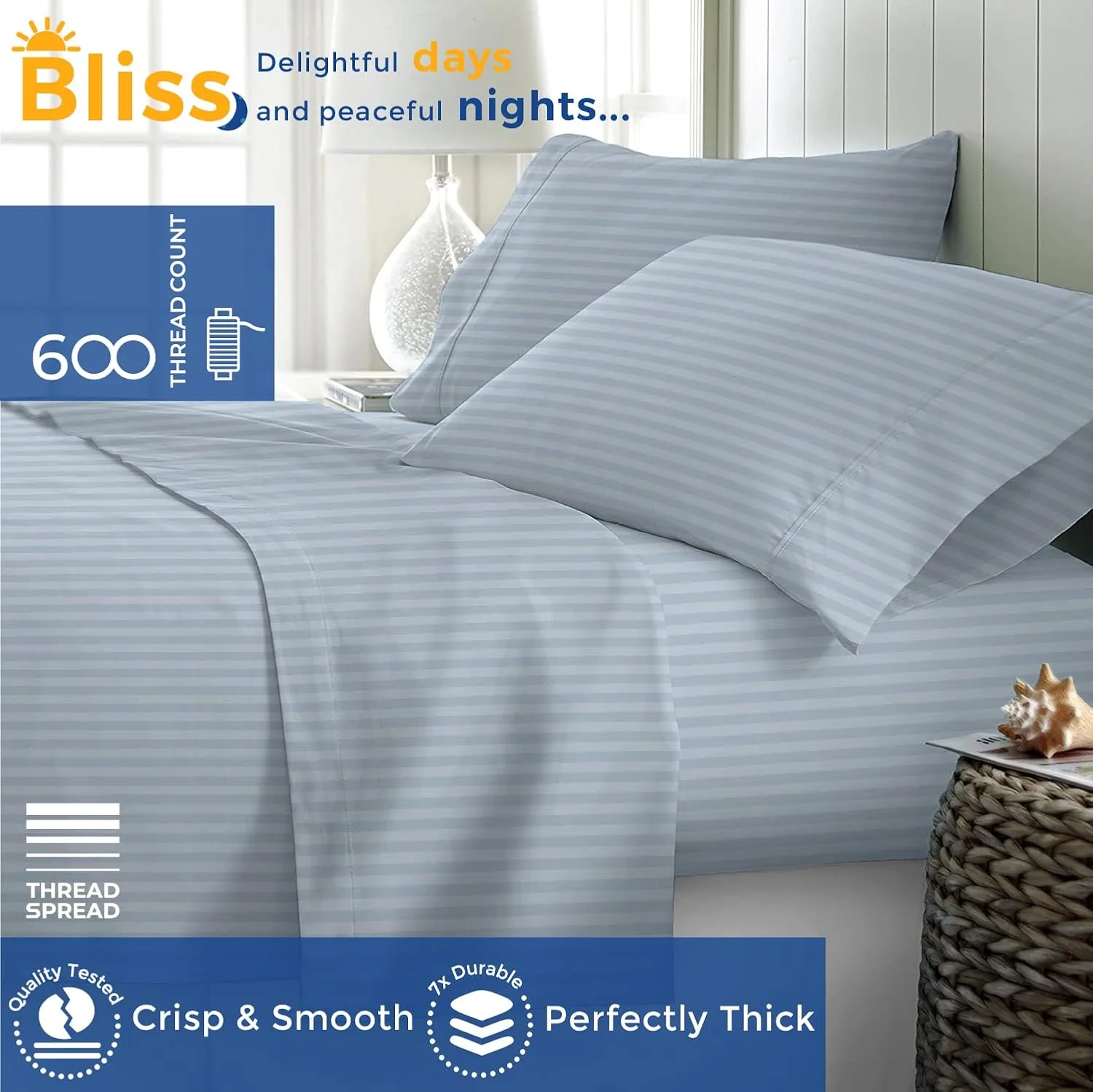 THREAD SPREAD Egyptian Cotton Sheets King Size - Luxury 600 Series King Size Sheets Set (4 PC, Light Blue - Stripe), 16" Deep Pocket All Around Elastic, Soft, Sateen, Durable Hotel Bed Sheet Sets