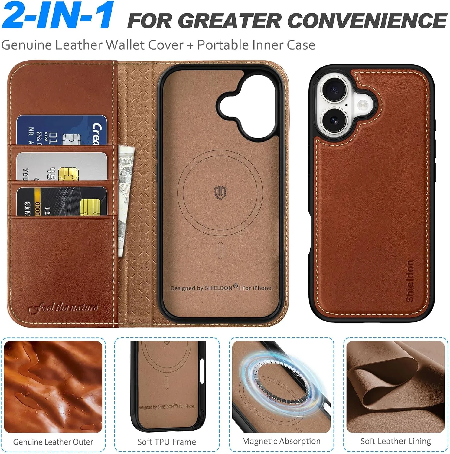 SHIELDON 2 in 1 Genuine Leather Wallet Case for iPhone 17 6.3", Retro Brown