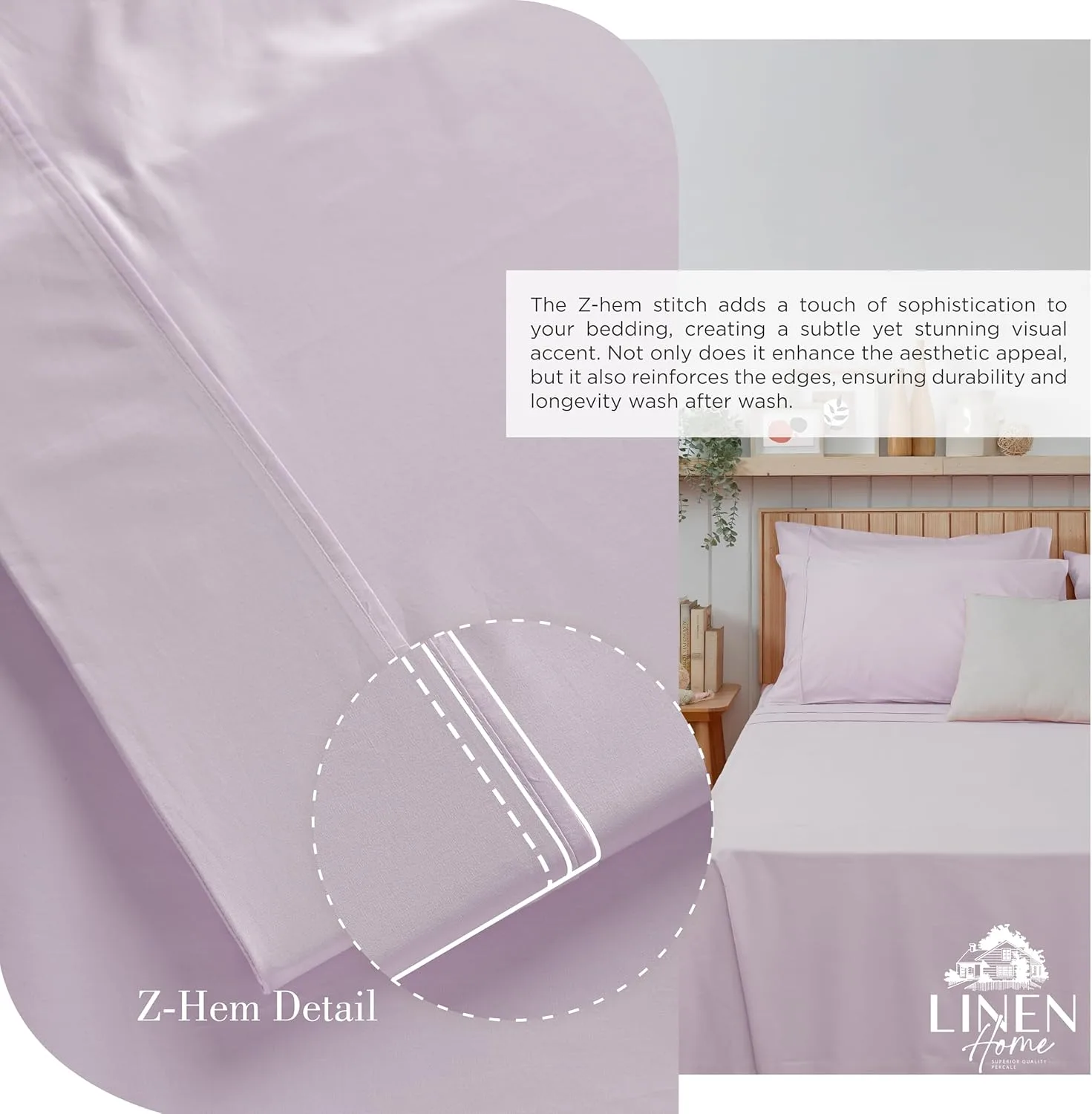 Linen Home 100% Cotton Percale King Sheets, 4 Pc Cooling Set - Iris Lilac