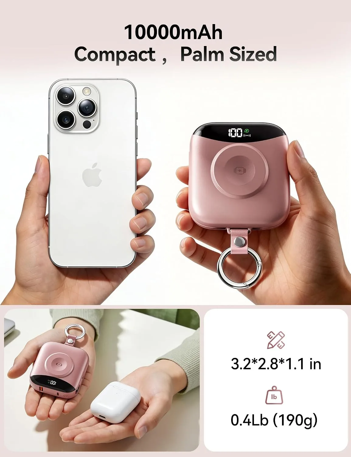 Portable Charger 10000mAh 22.5W Power Bank Built-in 2 Cables Keychain