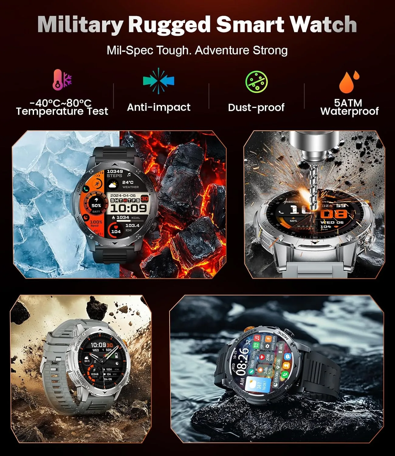 Smart Watch for Men with 1000mAh Battery/Flashlight, 1.75'' Military Smartwatch with 5ATM Waterproof/Heart Rate/Sleep Monitor,Answer Make Calls Fitness Tracker for Android iPhone Orange