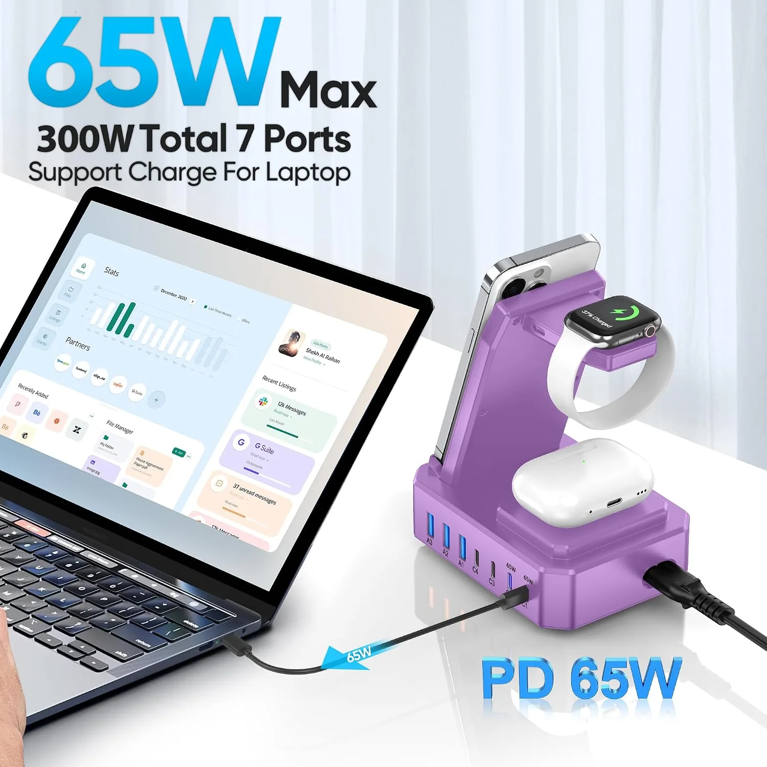300W Charging Station for Multiple Devices Apple, Zutspzss 10 in 1 Wireless Charger for iPhone 16, GaN III USB C 65W PD Fast Charging Stand Dock for MacBook, Apple Watch&Airpods,Purple