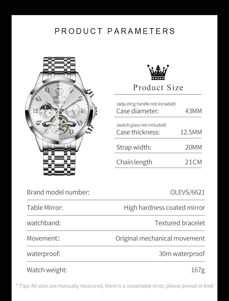 OLEVS Skeleton Men Watches Automatic Business Luxury Diamond Self Winding Watch for Men Stainless Steel Calendar Wrist Watch