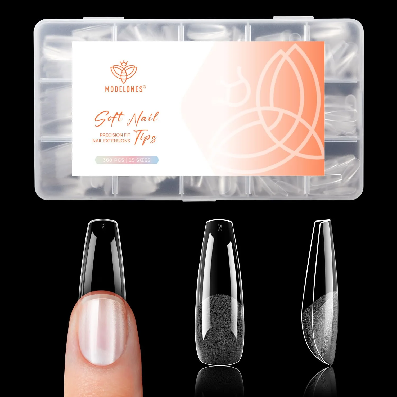 Tips para uñas Modelones Long Coffin 360 piezas pre-cortadas semimate
