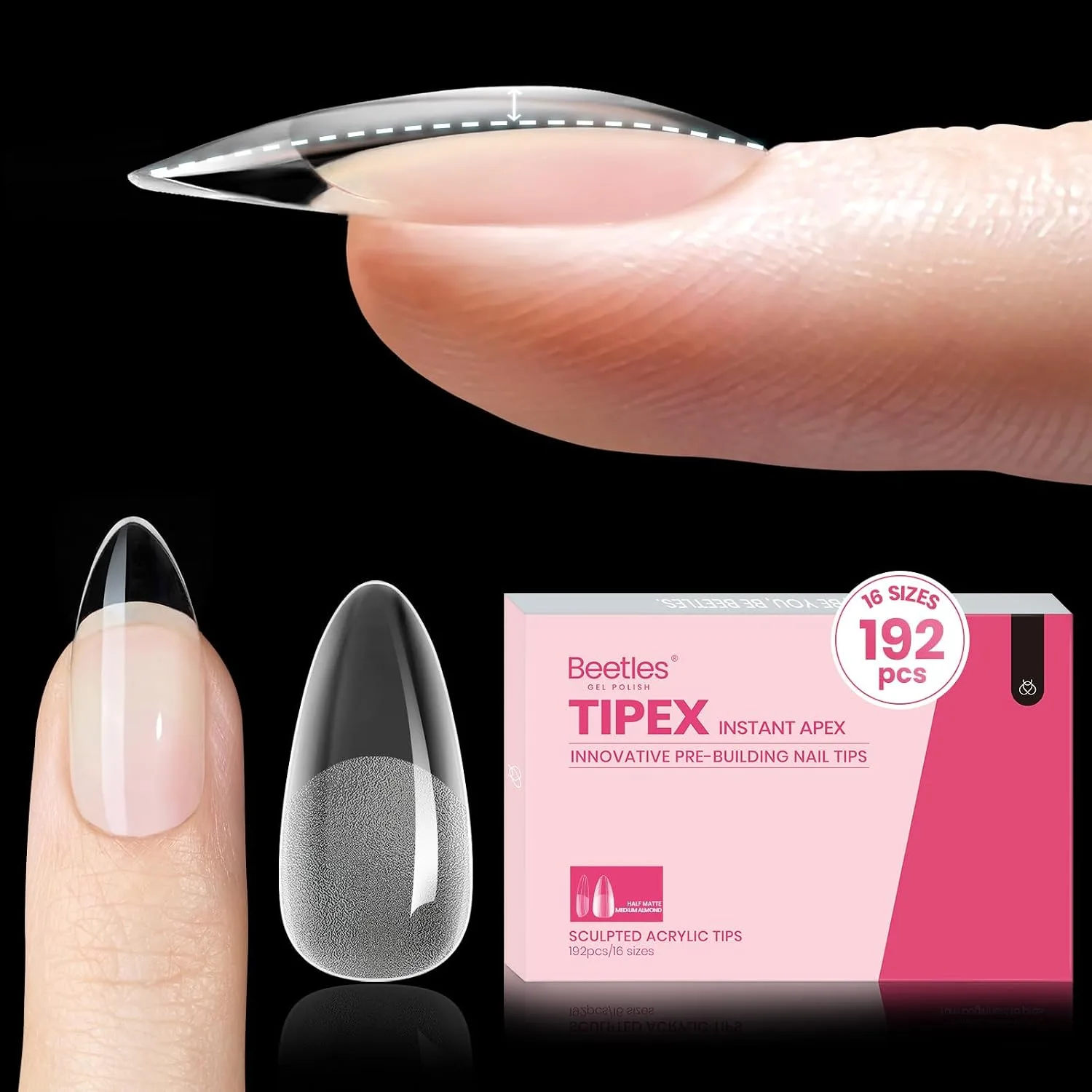 Tips para uñas Beetles Tipex Apex Medio Almendra 192 unidades 16 tamaños