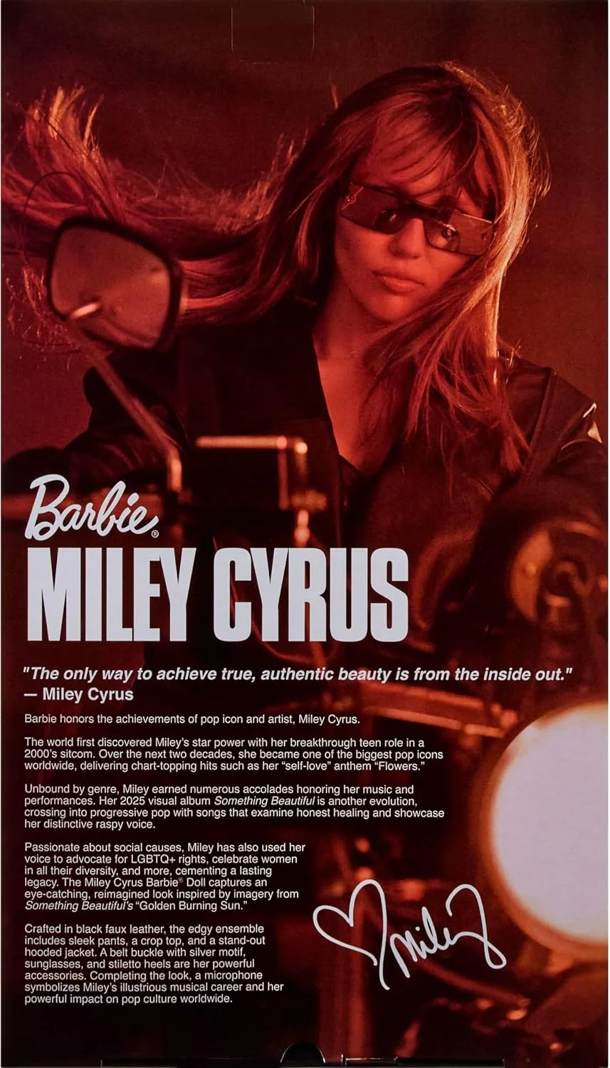 Barbie Signature Doll, Miley Cyrus Posable Collectible in Faux Leather Outfit with Hood and Heels