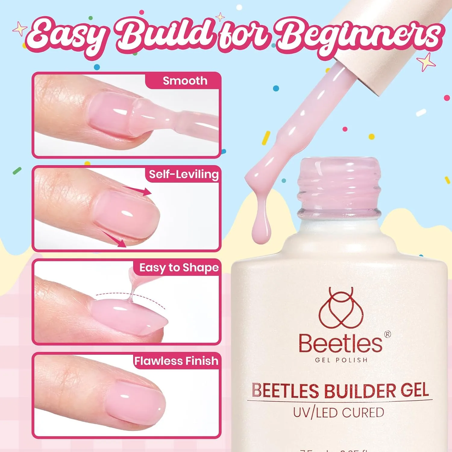 Beetles Builder Gel Nail Kit, 6 Colors 8 in 1 Jelly Pink Nude Builder Gels