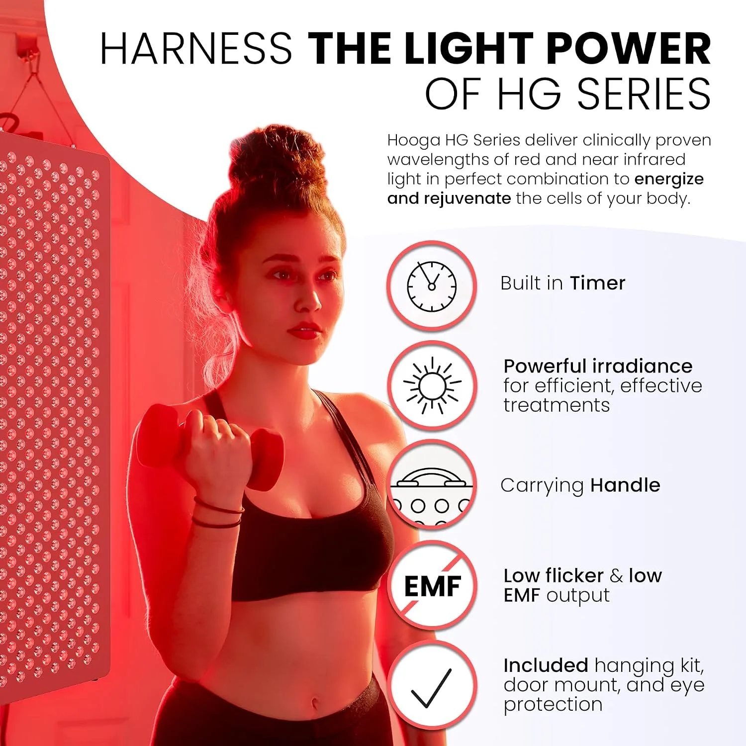 Hooga HG1500 Full Body Red Light Therapy Panel, 300 LEDs, 660nm Red & 850nm Near-Infrared Light, Built-in Timer, Door Hanging Kit