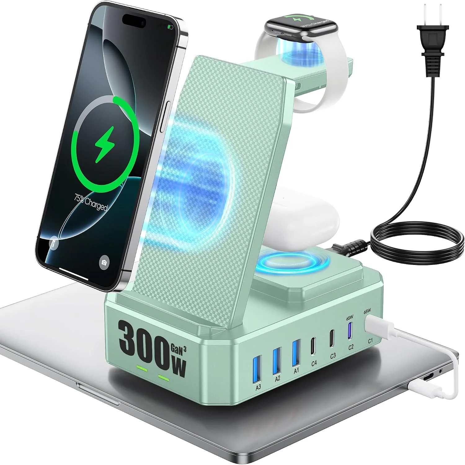 300W Charging Station for Multiple Devices Apple, Zutspzss 10 in 1 Wireless Charger for iPhone 16, GaN III USB C 65W PD Fast Charging Stand Dock for MacBook, Apple Watch&Airpods,Green