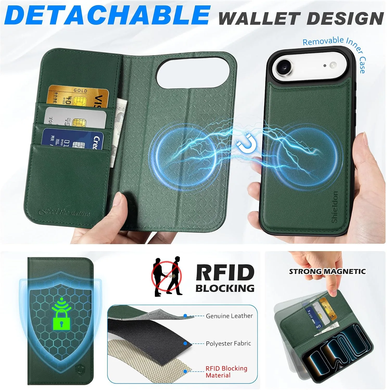 SHIELDON 2 in 1 Genuine Leather Wallet Case for iPhone Air 6.5", Evergreen